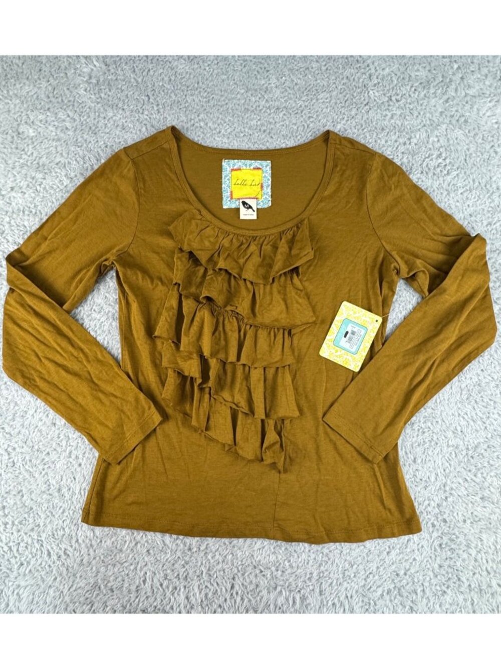 Bella Bird Womens M Mustard Yellow Ruffle Zig Zag Office Casual Retro - Picture 6 of 12